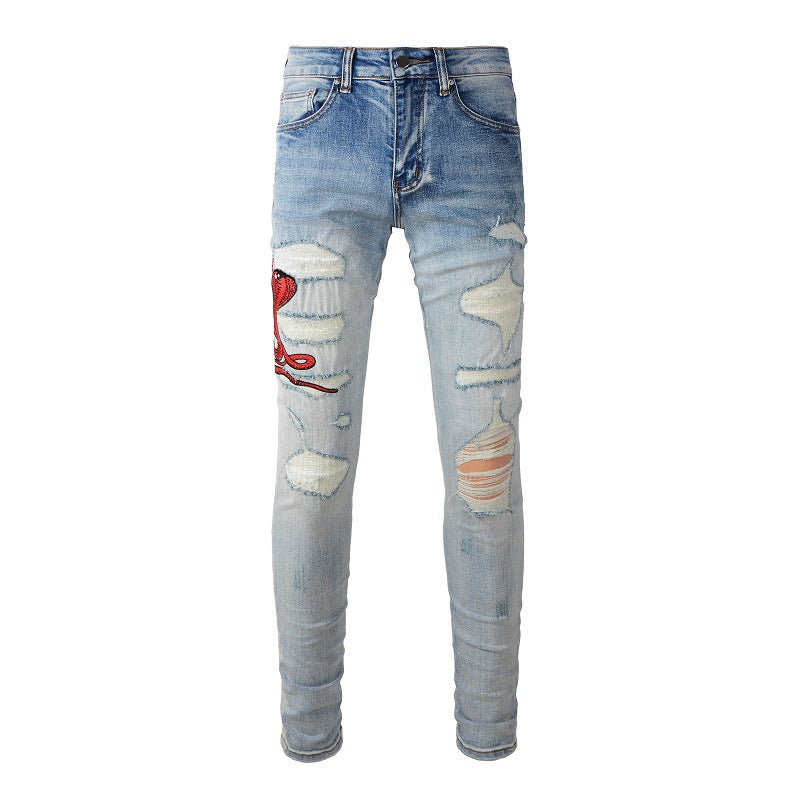 Patch brodé Street Tide Small Feet Blue Jeans Cheveux pour hommes, pantalon décontracté grande taille personnalisé #1346 