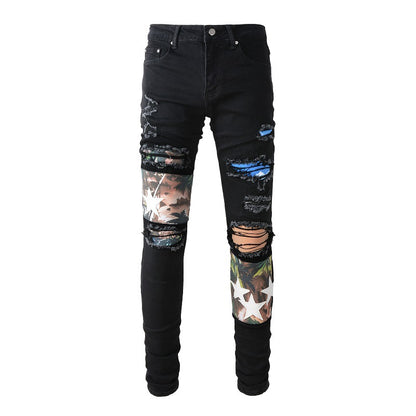 899 High Street Ripped Jeans Jean Slim pour homme avec patch et épissure en étoile 