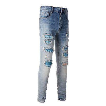 Jean slim extensible déchiré avec patch High Street Blue Diamond Hot Diamond transfrontalier 