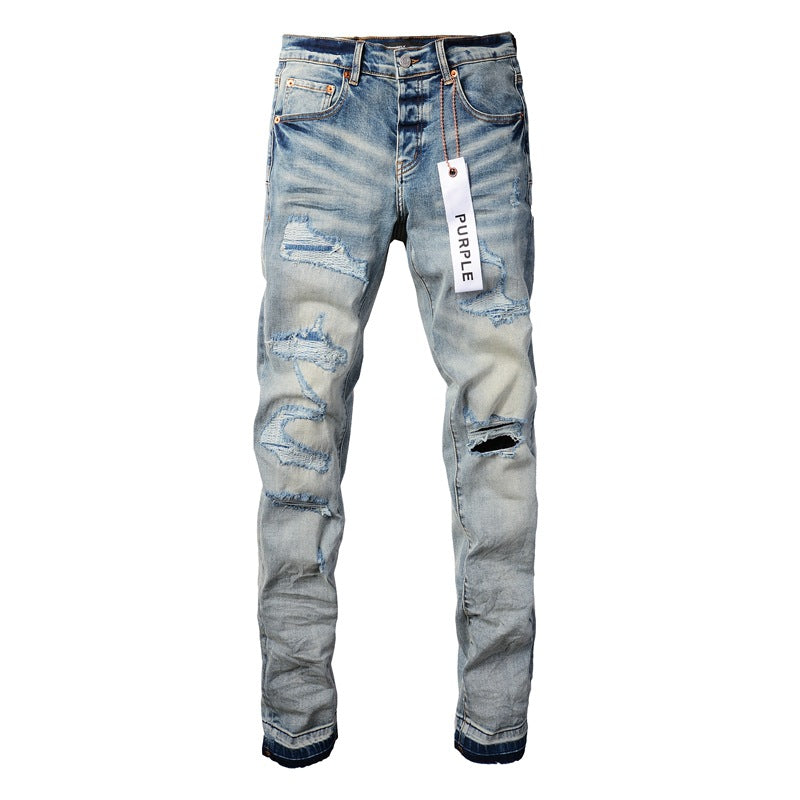 Pantalones vaqueros morados de diseñador para hombre, pantalones vaqueros apilados para hombre, pantalones vaqueros holgados con rasgaduras, pantalones vaqueros europeos para hombre 9013