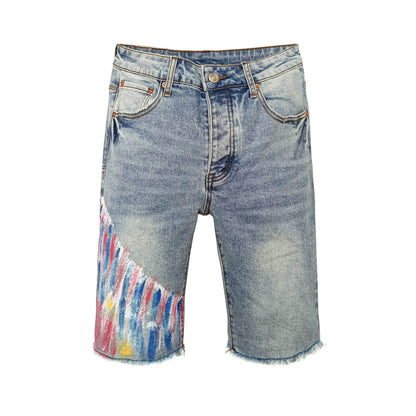 Urban Style Light Blue Denim Jorts - Bold Hand-painted Graphic & Fringed Cuffs