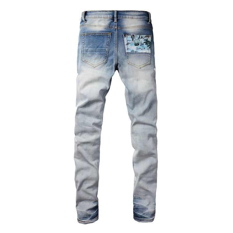 Pantalones vaqueros rasgados 898 High Street para hombre con parches empalmados y estrellas, elásticos y ajustados 