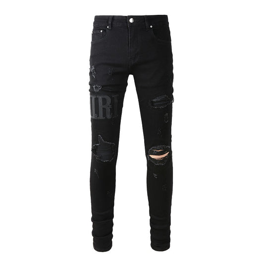 Pantalones vaqueros rasgados con letras bordadas y estilo callejero de estilo europeo y americano, pantalones vaqueros ajustados de corte bajo para hombre, estilo callejero #892 