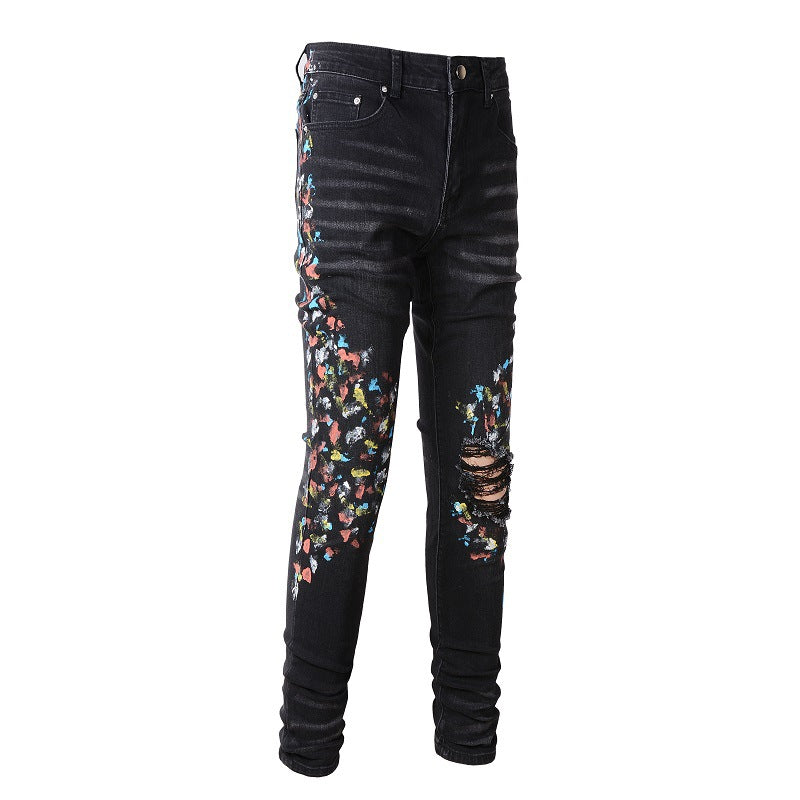 Pantalones casuales de mezclilla de calle de algodón microelástico para jóvenes, jeans ajustados con salpicaduras de pintura negra n.° 865 