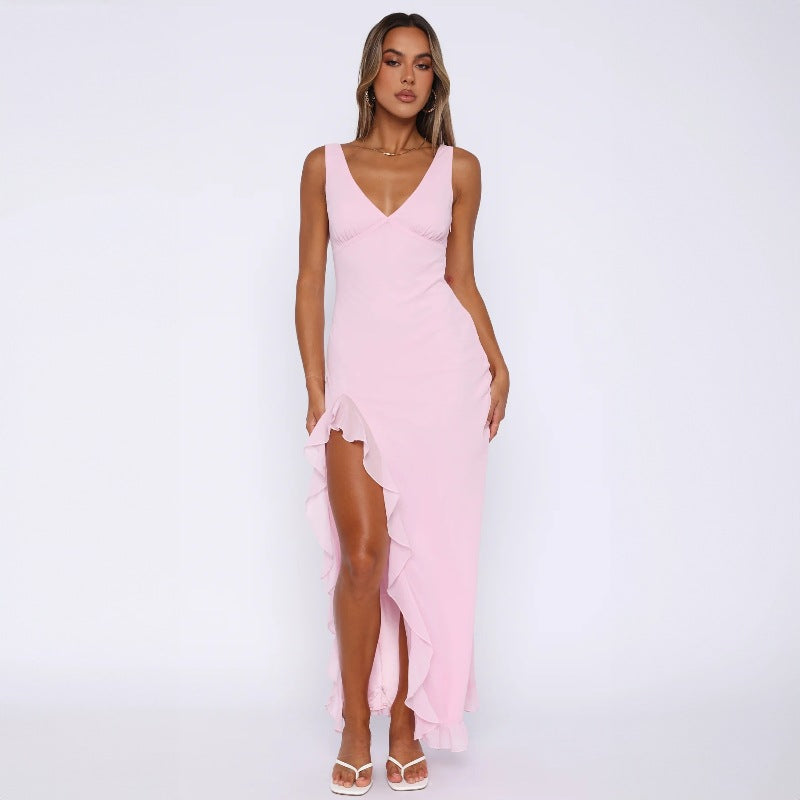 New Fashion V-Neck Sleeveless Ruffled Backless Slit Dress D1993400