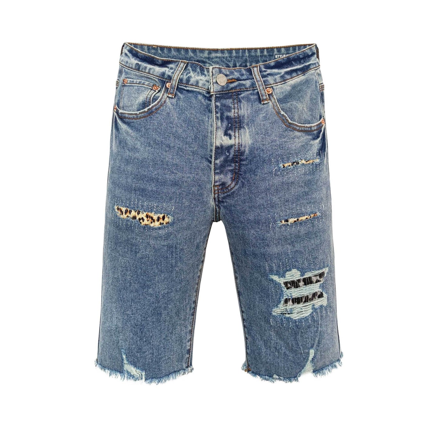 Men's Light Blue Distressed Denim Shorts with Leopard Print Patches Ripped Raw Hem Streetwear