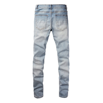 Jeans ajustados elásticos con parches High Street rotos y rotos de Blue Diamond Hot Diamond de Cross-border 