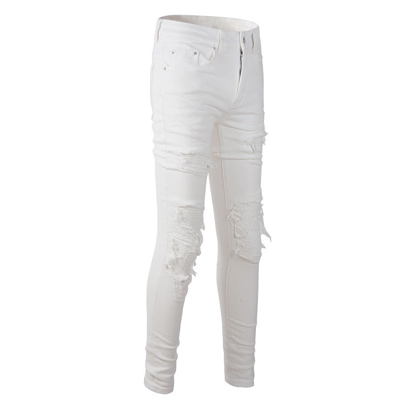 Jean slim à la mode pour homme High Street, pantalon de marque tendance avec patch déchiré, jean décontracté blanc 592 