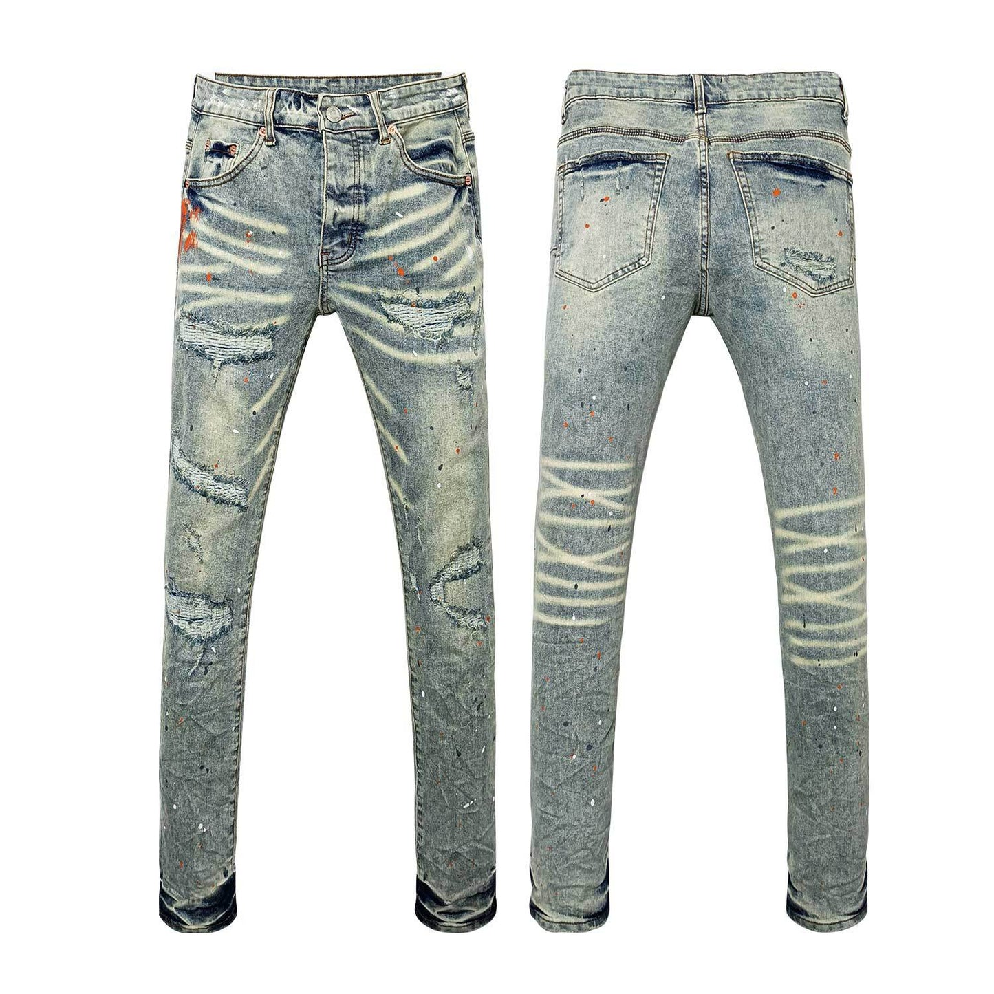 Men's Distressed Acid Wash Slim Jeans with Paint Splatter & Knee Rips - Urban Streetwear
