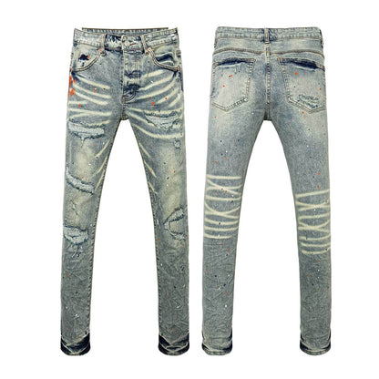 Men's Distressed Acid Wash Slim Jeans with Paint Splatter & Knee Rips - Urban Streetwear