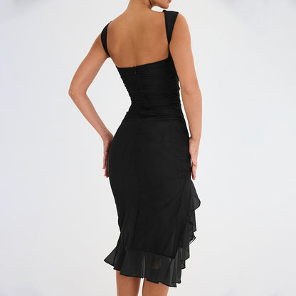 New Fashionable Round Neck Sleeveless Fitted Backless Ruched Double-Layer Dress D1993670