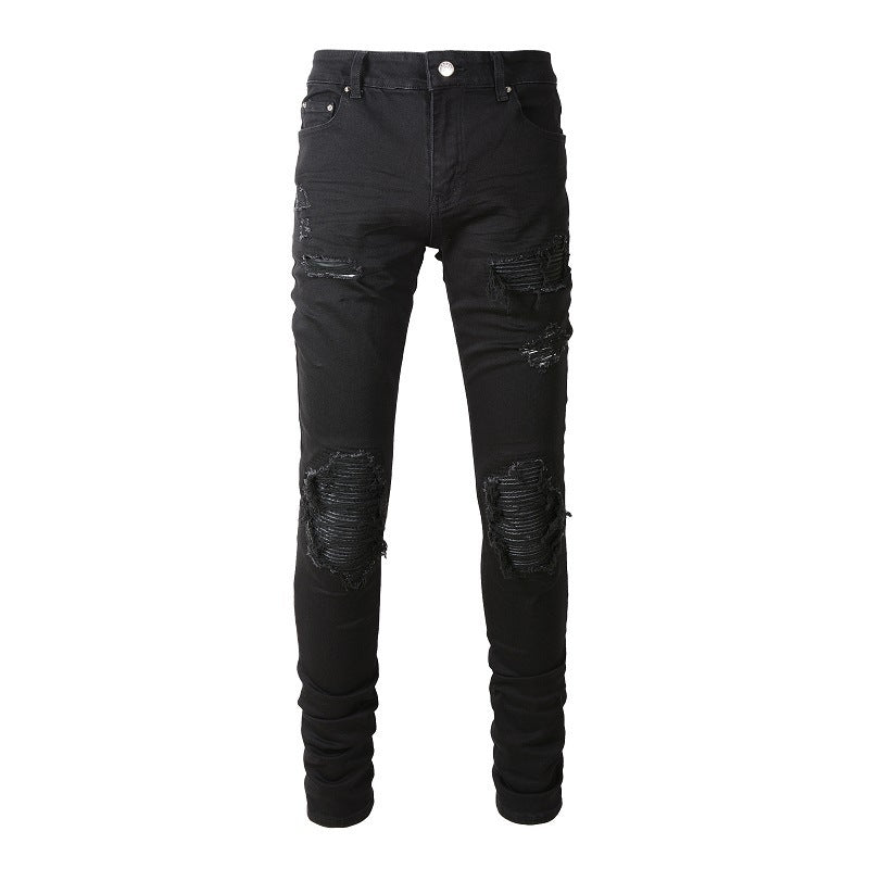 Men’s Slim Fit Black Jeans with Distressed Knee Rips and Layered Ribbed Panels for a Sleek Urban Style (602-8520)