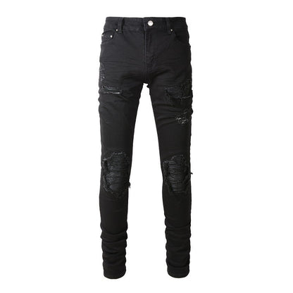 Men’s Slim Fit Black Jeans with Distressed Knee Rips and Layered Ribbed Panels for a Sleek Urban Style (602-8520)