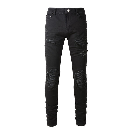 Men’s Slim Fit Black Jeans with Distressed Knee Rips and Layered Ribbed Panels for a Sleek Urban Style (602-8520)