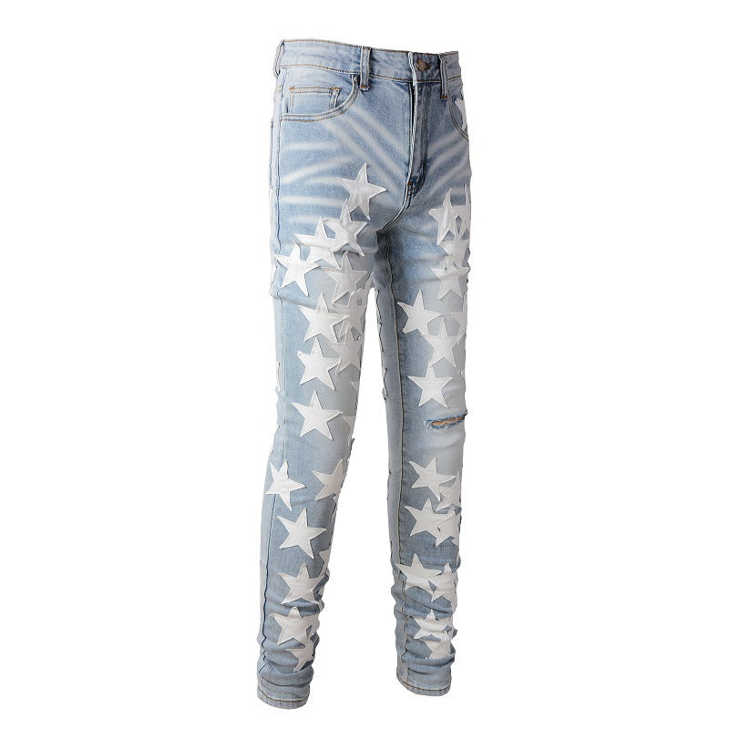 690 High Street Sticky White Star Trend Jeans High Craft Slim-Fit élastique Small Foot Jeans 