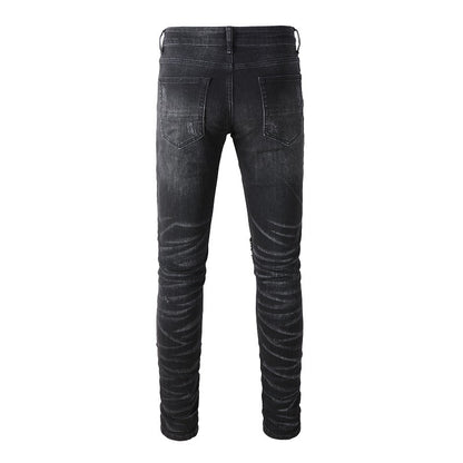 High Street Jeans Trendy Men's Ripped Colorful Patch Beggar Knee Jeans #1334