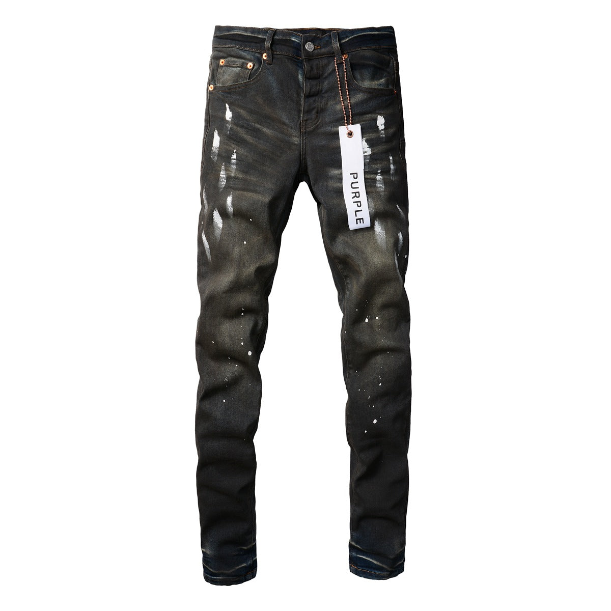 Pantalones vaqueros morados rotos para hombre: elegantes pantalones de mezclilla de calle con pintura negra y corte ajustado 