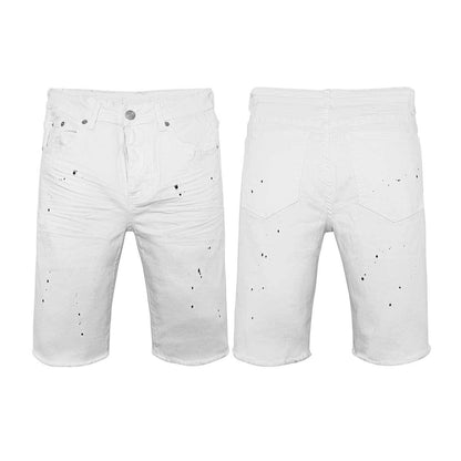 White Skinny Distressed Paint Splatter Shorts for Men - Black Dot Effect, Frayed Hem, Modern Casual Look