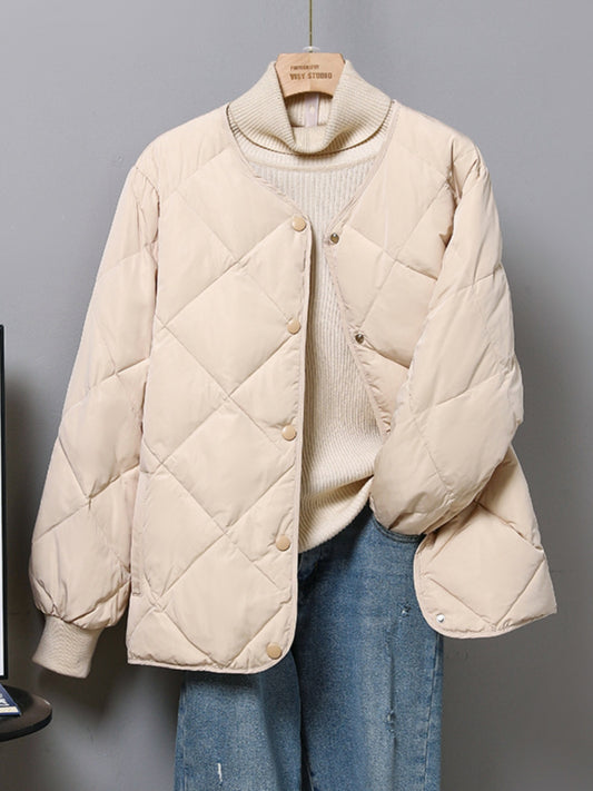 Down Jacket Diamond Plaid Collarless Light and Thin Women's Round Neck White Duck Down