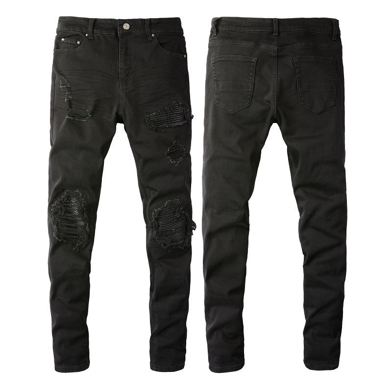 Men’s Slim Fit Black Jeans with Distressed Knee Rips and Layered Ribbed Panels for a Sleek Urban Style (602-8520)