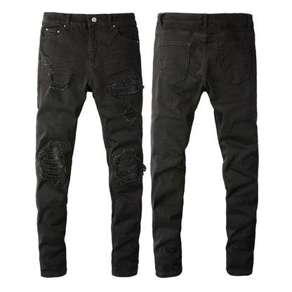 Men’s Slim Fit Black Jeans with Distressed Knee Rips and Layered Ribbed Panels for a Sleek Urban Style (602-8520)