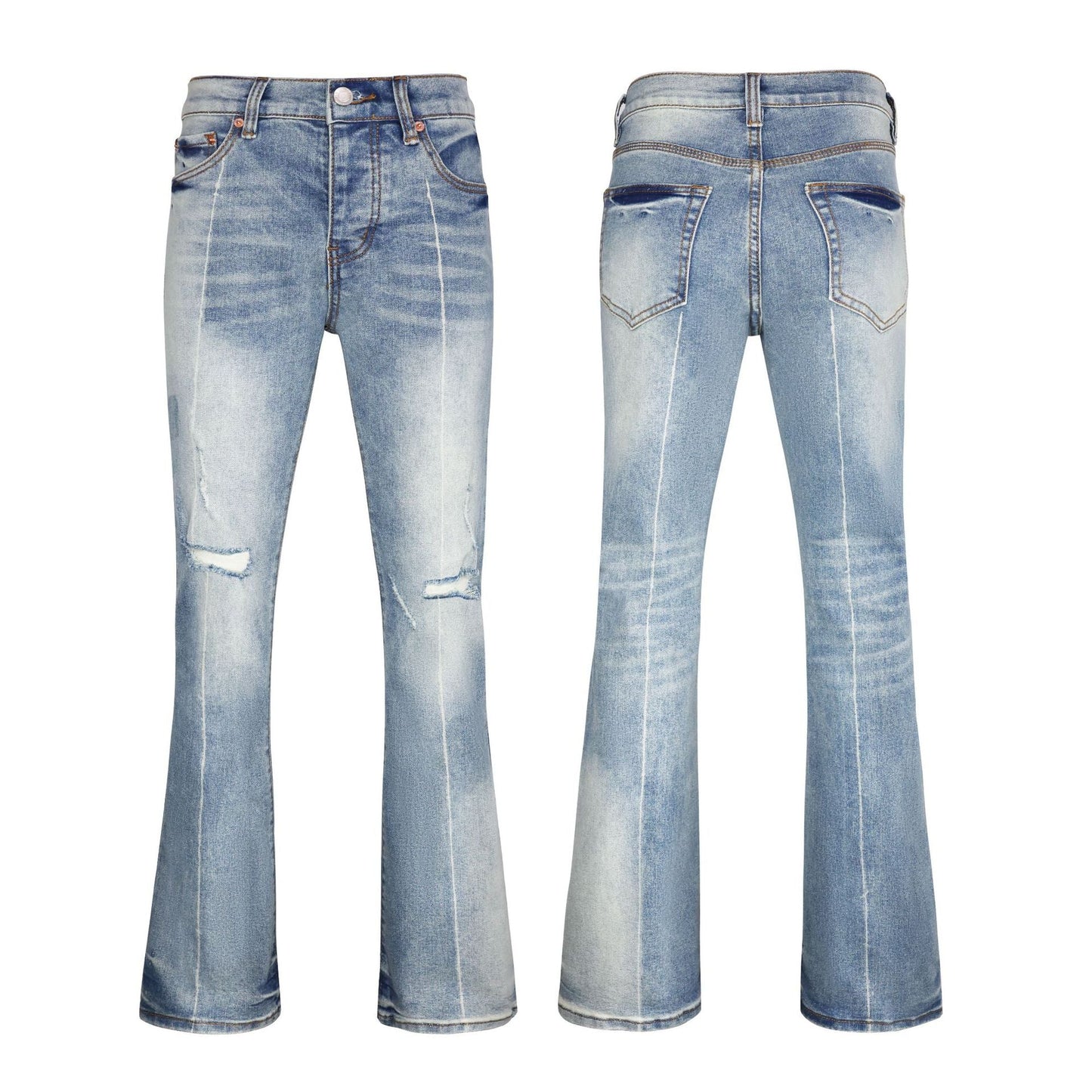 Men's High Street Bootcut Jeans - Distressed Denim with Bold White Whiskers & Knee Rips