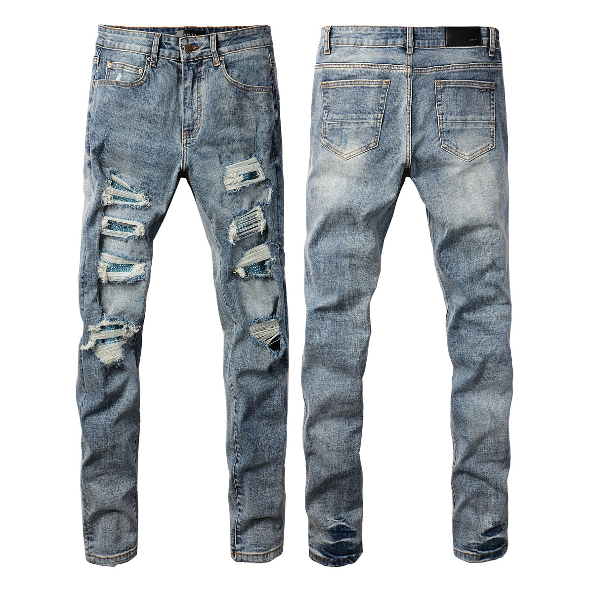 Fashionable Slim Fit Denim with a Washed Effect and Blue Rhinestone Embellishments