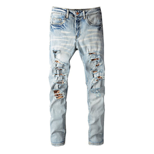 810 Cross-border Slim-fit High Street Jeans Trendy Brand Ripped Leopard Patch Men's Jeans