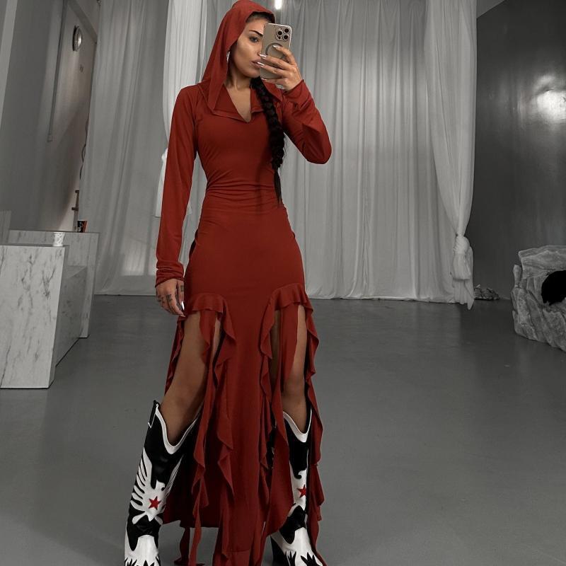 Hot-Selling New Fashionable Trendy Ruffled Edge Patchwork Long-Sleeve Hooded Asymmetrical Dress D1992998