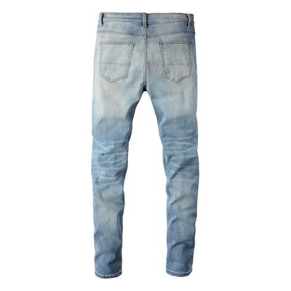 6665 High Street Trendy Brand Ripped Patch Jeans Retro Hommes Élastique Slim High Street Jeans 