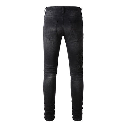 European and American Street Tide Embroidery Splicing Jeans High Street Trendy Men Stretch Slim Jeans #1312