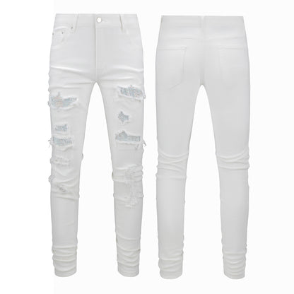 Men's Tight Fit White Jeans with Rhinestone and Patchwork for Street Style