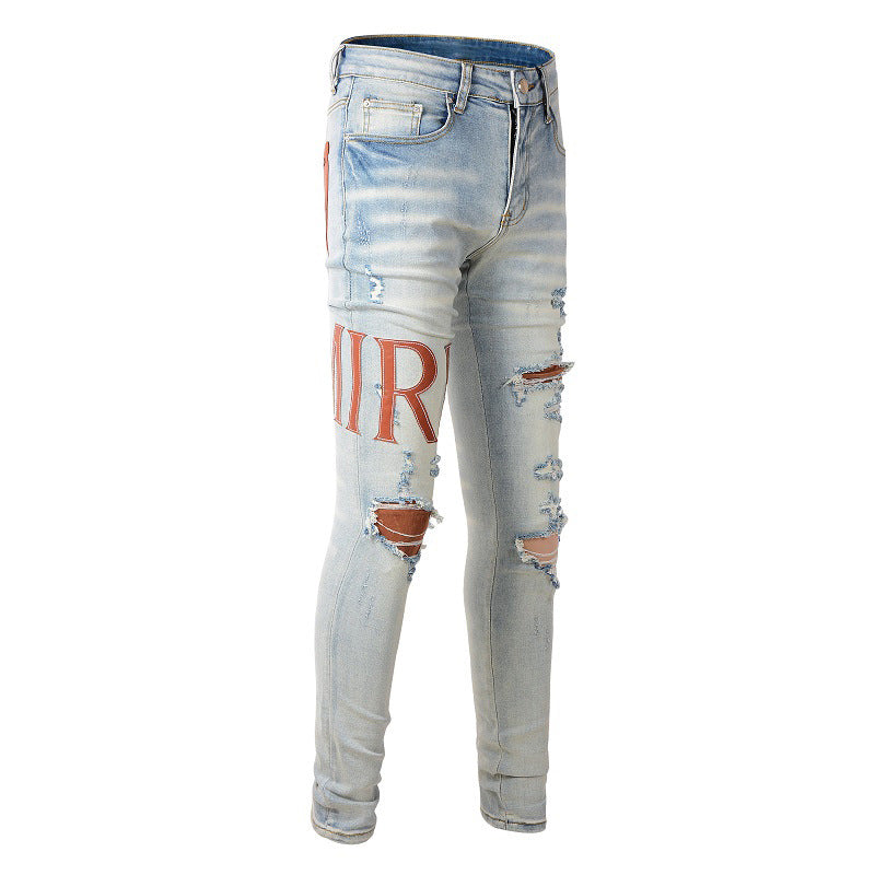 Jean déchiré Street Tide européen et américain High Street Tide Slim Pants Denim #840 