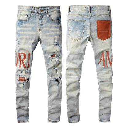 Jeans Fashion Alphabet Trend Jeans High Craft Elastic Slim High Street