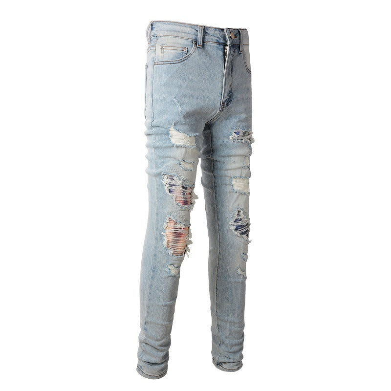 6637 High Street Tide Brand Hole Changement progressif de couleur Patch Jeans Rétro Hommes Élastique Slim High Street Jeans 