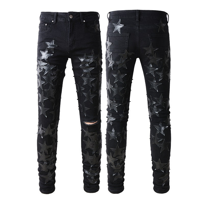 Jeans Pentagram Splicing Trend Jeans High Craft Elastic Slim High Street Jeans