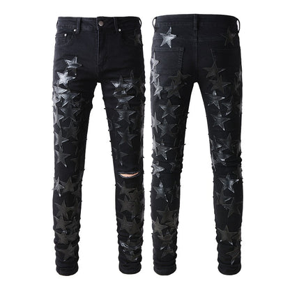 Jeans Pentagram Splicing Trend Jeans High Craft Elastic Slim High Street Jeans