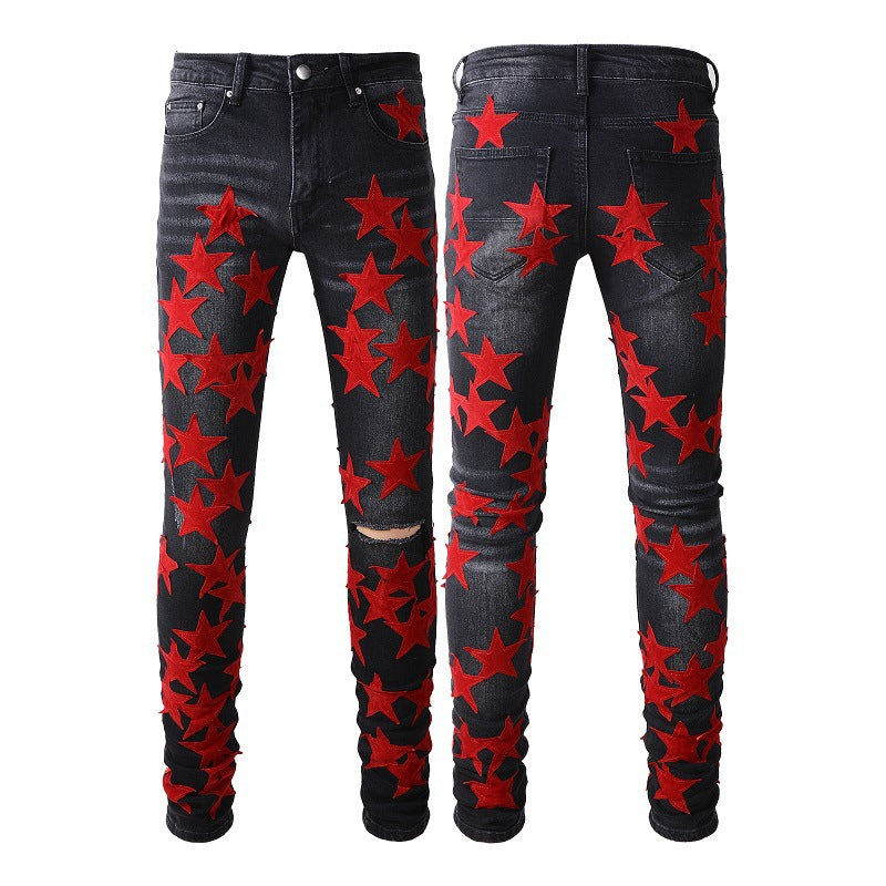 Jeans Pentagram Splicing Tendance Jeans High Craft Élastique Slim High Street Jeans 