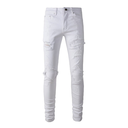 Jeans Slim Fit tendance pour hommes High Street Patch déchiré Pantalon de marque tendance Pantalon décontracté #897 