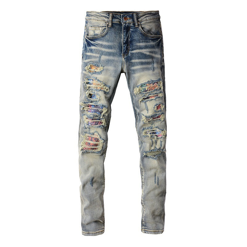 Europa, América High Street Jeans con parches rotos Jeans elásticos ajustados con parches para hombre 876 