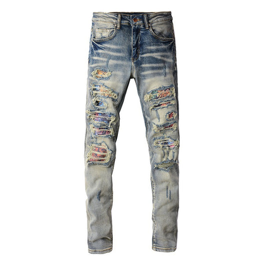 Europe, Amérique High Street Ripped Patch Jeans Hommes Patch Élastique Slim Small Foot Jeans 876 