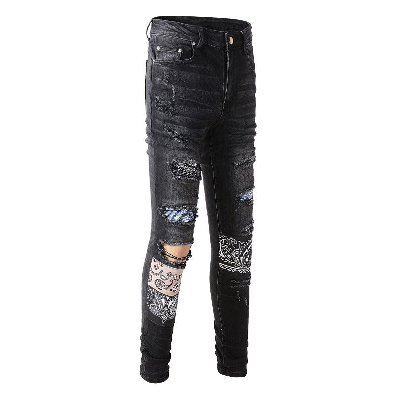 Pantalon slim élastique à motif de patch de jeans déchirés de la rue européenne et américaine #864 