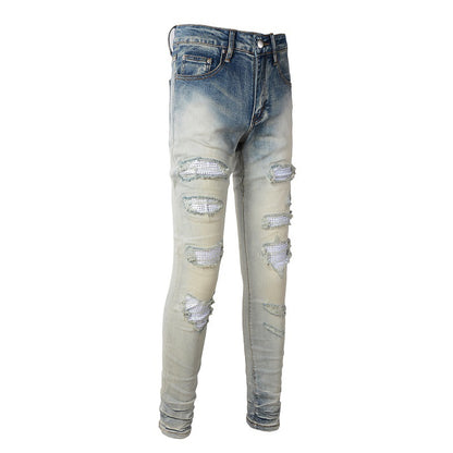 Street Trend Casual Personality Ripped Patch Diamond Slimming Small Foot Jeans #1339