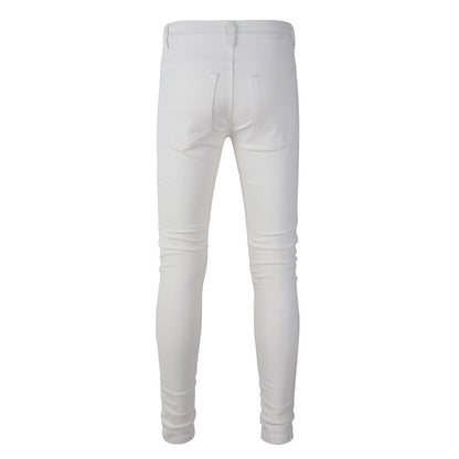 Foreign Trade Best-selling High Street Ripped Patch Diamond-encrusted Elastic Slim-fit White Jeans