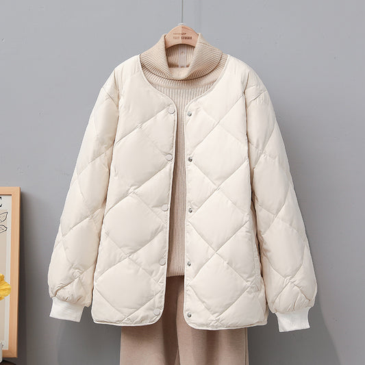 Chaqueta de plumón, ropa de mujer con cuadros de diamantes, plumón de pato blanco, chaqueta portátil, cálida y pequeña, tendencia en las temporadas de otoño e invierno