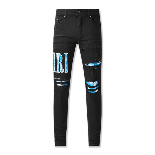 NOUVEAU THOM AMIRI Black wear lettres bleues personnalité vintage mode Jean déchiré 8805