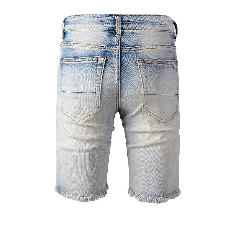 Trendy High Street Light Blue Digital Printing Elastic Slim Trendy Men's Short Jeans #847