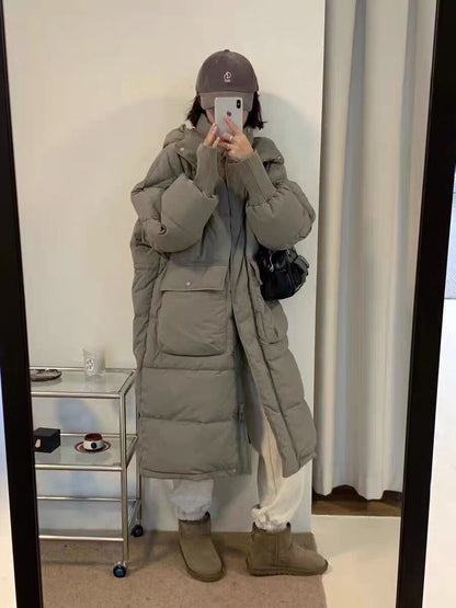 Veste à capuche en duvet de canard blanc pour vêtements d'extérieur pour femmes, longueur genou, vêtements d'extérieur amples et épais