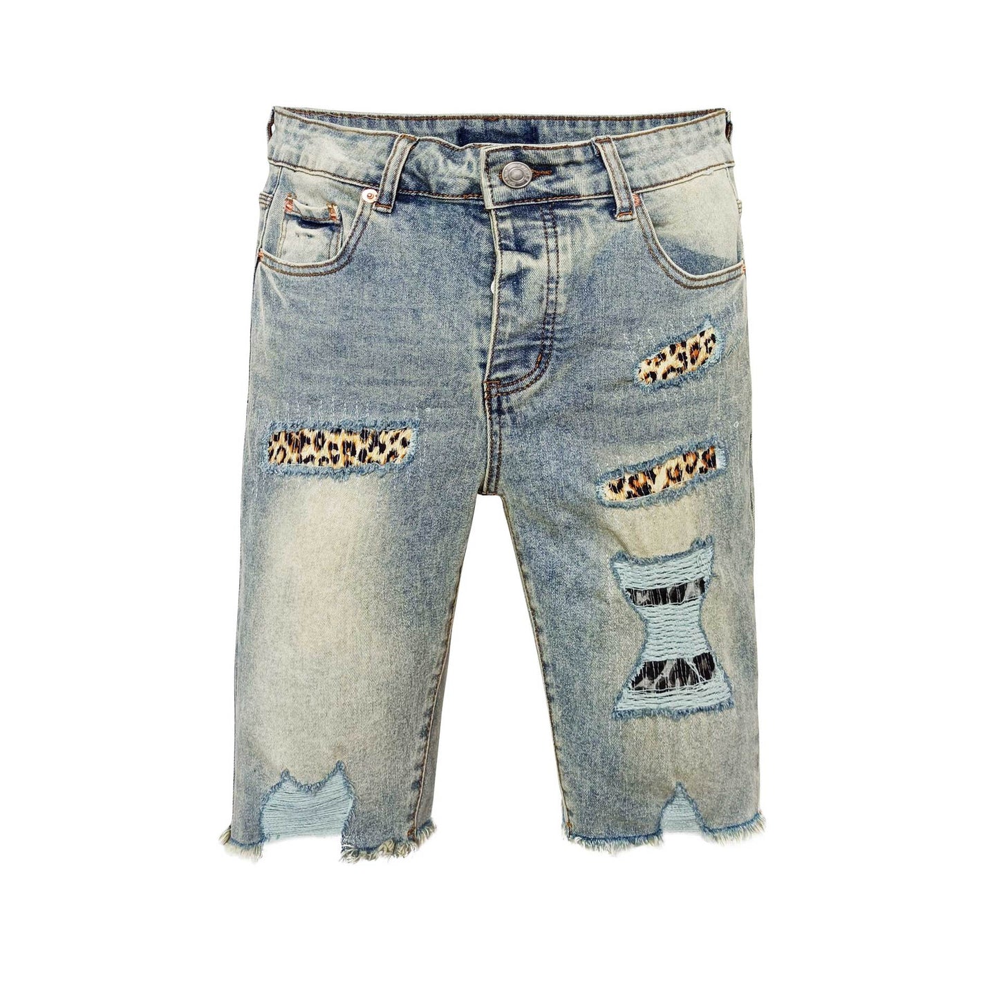 Light Blue Distressed Denim Shorts Men - Leopard Print Patches, Ripped Details, Raw Frayed Hem Streetwear