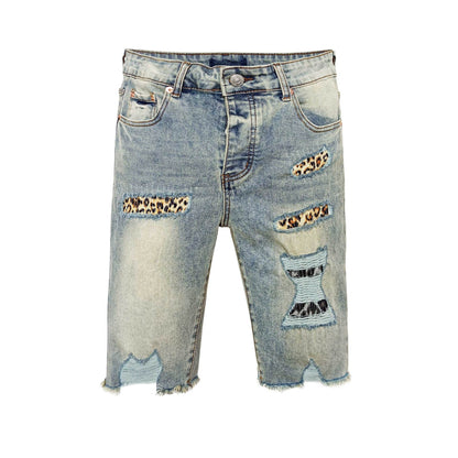 Light Blue Distressed Denim Shorts Men - Leopard Print Patches, Ripped Details, Raw Frayed Hem Streetwear